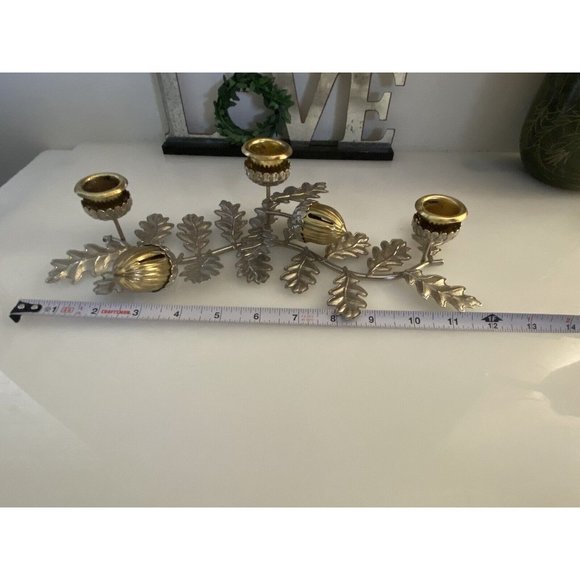 Silver & Gold Tone Horizontal Candlestick Stick Holder Leaf w Hazelnut Design - Picture 8 of 16